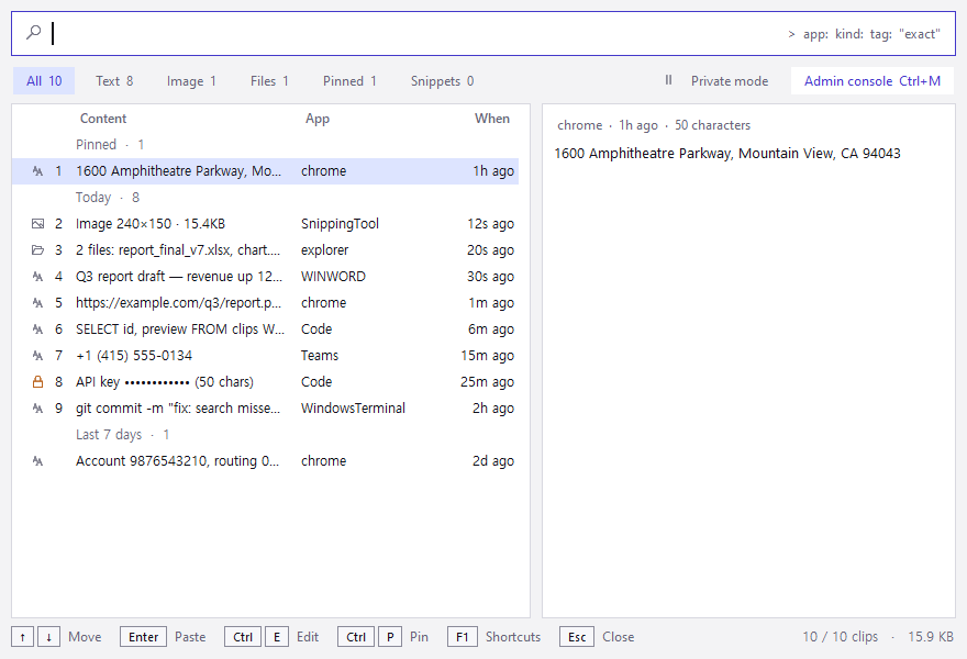 The ClipVault history window: search box, entries grouped into Pinned and Today, a row with its secret masked
